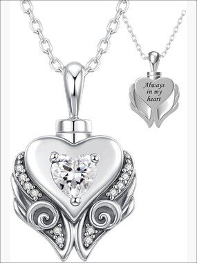 Sterling Silver Angel Wing Heart Urn Necklace for Ashes Keepsake